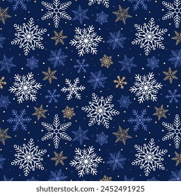 Seamless christmas snowflakes pattern on blue background. Simple vintage winter repeated pattern with geometric motifs. Vector illustration.