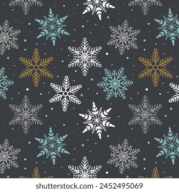 Seamless christmas snowflakes pattern on dark background. Winter decoration repeated pattern with geometric motifs. Happy new year vector illustration.