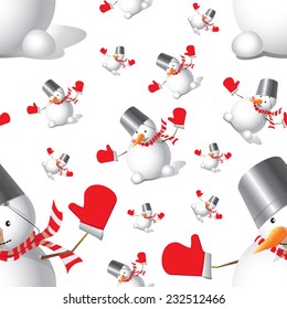 Seamless Christmas Snowman different sizes on a white background