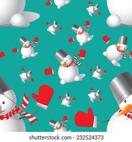 Seamless Christmas Snowman different sizes on a blue-green background