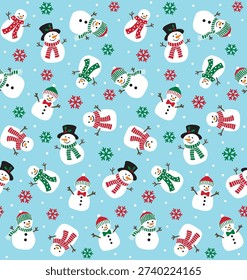 Seamless Christmas Snowman And Snowflakes Pattern On Blue Background	