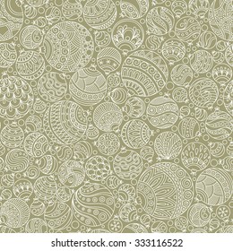 Seamless Christmas soft background with green christmas balls. Vintage christmas seamless pattern. Doodle Hand Drawn Style