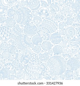 Seamless Christmas soft blue background with christmas balls. Vintage christmas seamless pattern. Doodle Hand Drawn Style