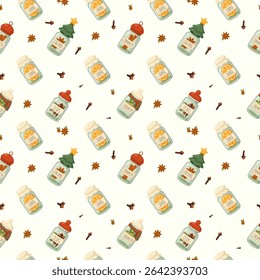 Seamless Christmas spice jar pattern with cinnamon, orange, star anise and cloves