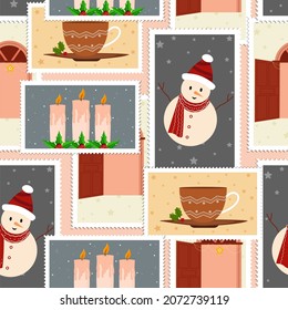 Seamless Christmas Stamps Pattern Background.
