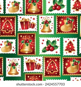 Estampillas navideñas sin costuras. Holly de Navidad, juguetes de regalo o copo de nieve del árbol de vacaciones y campana tradicional hombre, regalos de año nuevo papel decorativo o textil patrón de tela vector de fondo
Vector 