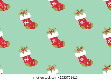 Seamless Christmas stocking pattern with holly berries on a mint green festive background for holiday decoration and gift wrapping.