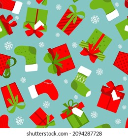 Seamless Christmas stocking, sock, boot, boxes. Cute Christmas stocking, flat style icon, decoration element.