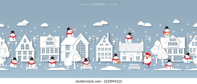 Seamless Christmas street, Scandinavian style white paper buildings with funny Santa Claus and snowmen, lanterns, benches, trees, snowflakes, snowdrifts, wintertime, vector illustration