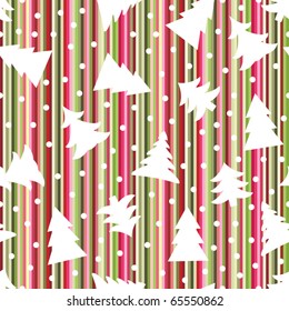 Seamless Christmas striped background with trees and snowballs