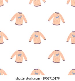 Seamless Christmas sweater isolated print with simple silhouettes. Pink pullover backdrop. Vector illustration for seasonal textile prints, fabric, banners, backdrops and wallpapers.