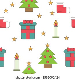 Seamless christmas symbols pattern, new year gifts decorative paper or textile fabric pattern vector background.