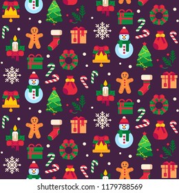 Seamless christmas symbols. Xmas green tree, gift toys or holidays sweets snowflake and traditional gingerbread man, new year gifts decorative paper or textile fabric pattern vector background