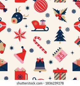 Seamless Christmas syurface pattern. Xmas theme background design of icons. Vector winter holidays texture for gift wrap, wallpaper, web banner background, wrapping paper and fabric patterns.