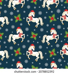 Seamless Christmas texture with cute unicorns. For wrapping paper, fabric, textiles, background, wallpaper.