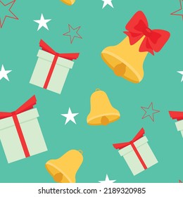 Textura de Navidad sin inconvenientes para el diseño. Interminable patrón de vacaciones con campana, árbol con garland, copo de nieve, caja de regalo y bola de Navidad. Fondo para el papel de embalaje y la tarjeta de saludo