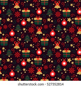Seamless Christmas texture for design. Endless dark holiday pattern with bell, tree with garland, snowflake, gift box, star and Christmas ball. Background for wrapping paper, textile and greeting card