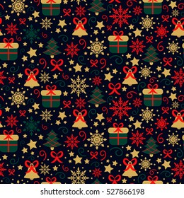 Seamless Christmas texture for design. Endless dark holiday pattern with bell, tree with garland, snowflake, gift box and star. Background for wrapping paper, textile and greeting card in vector