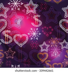 Seamless Christmas texture with New Year symbols and on dark purple background. Decorative christmas star, snowflake, heart, dollar sign