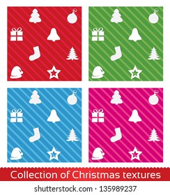 Seamless christmas texture pattern. Vector set, collection. Christmas tree, star, hat, sock, ball, gift.