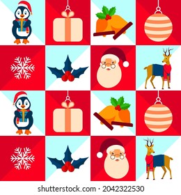 Seamless Christmas Theme Pattern Background With Checkered Style.