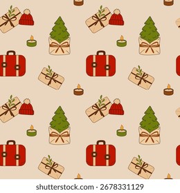 Patrón de Vector de viaje de Navidades sin costuras con maleta, árbol, regalos, sombrero y velas sobre fondo beige. Diseño de Festiva para embalaje y decoración.