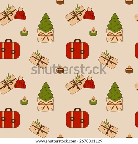 Seamless Christmas travel vector pattern with suitcase, tree, gifts, hat and candles on beige background. Holiday design for packaging and decor.