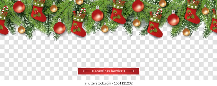 Seamless Christmas tree branch top border with gift stockings and red and gold baubles - realistic holiday decoration for festive design - isolated vector illustration.