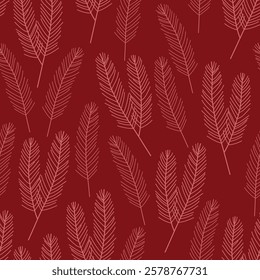Seamless christmas tree branches pattern and leaves on maroon background. Pine needles texture.