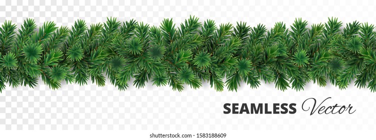 Seamless Christmas tree decoration. Pine tree garland. Realistic vector branches. Border for holiday banners, posters, cards, promotions.