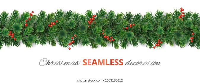 Seamless Christmas tree decoration. Pine tree garland with red holly berry. Realistic vector branches. Border for holiday banners, posters, cards, promotions.