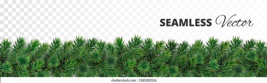 Seamless Christmas tree decoration. Pine tree garland. Realistic vector branches. Border for holiday banners, posters, cards, promotions.