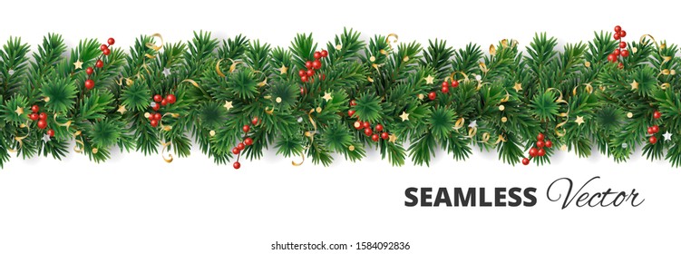 Seamless Christmas tree garland isolated on white. Realistic pine tree branches with red holly berry and golden decoration. Vector border for holiday banners, posters, cards, promotions.