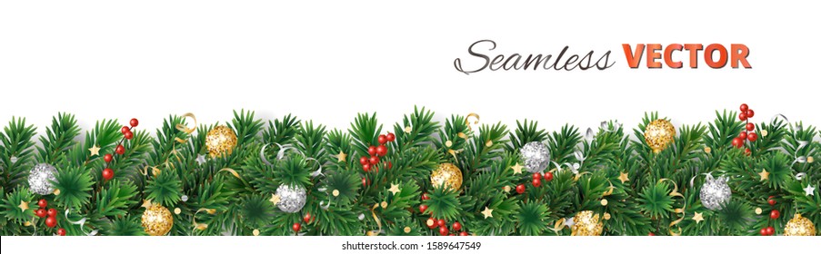 Seamless Christmas tree garland isolated on white. Realistic pine tree branches with red holly berry, gold and silver ornaments.Vector border decoration for holiday banners, posters, cards, promotions