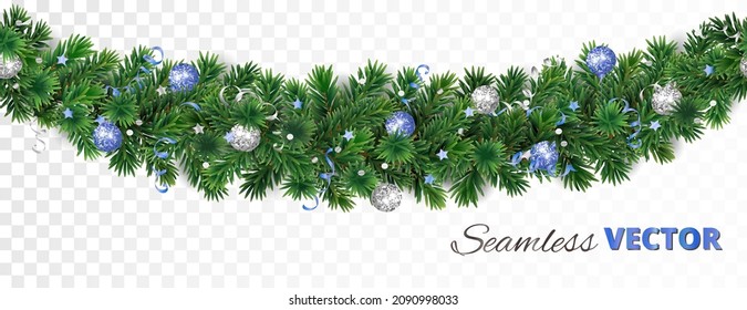 Seamless Christmas tree garland isolated on white. Realistic pine tree branches with silver and blue ornaments. Vector border decoration for holiday banners, posters, cards, promotions