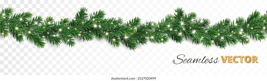 Seamless Christmas tree garland. Realistic pine-tree branches with Christmas lights decoration. Vector border for holiday banners, party posters. Transparent background can be removed in vector file.