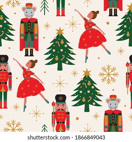 Seamless Christmas Tree Pattern with Ballerina, Nutcracker, and Mouse King.+