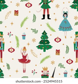 Seamless Christmas Tree Pattern with Ballerina, Nutcracker, Christmas funny pattern. new year design. tree box on half white background.