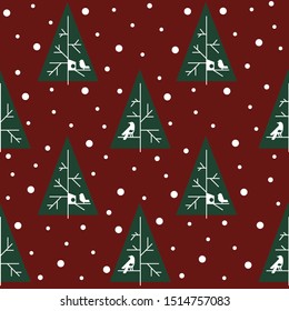 Seamless christmas tree pattern. Christmas tree with birds.