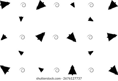 Seamless Christmas Tree Pattern with Black Silhouette Pines and Spiral Doodle Elements on White Background for Holiday Decoration and Wrapping