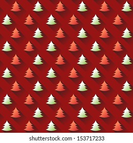 Seamless Christmas Tree Pattern on Red Background