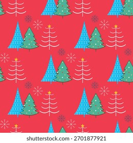 Seamless Christmas Tree Pattern on Red Background. Ideal for holiday wrapping paper, festive textiles, gift packaging, greeting cards, and seasonal decorations.