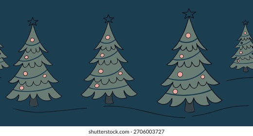 Patrón inconsútil del árbol de navidad en un fondo azul oscuro con luces brillantes suaves. Elegante diseño de invierno perfecto para la decoración de vacaciones, textiles y papel de regalo. Ideal para proyectos festivos.