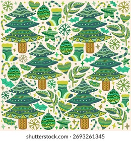 Seamless Christmas Tree Pattern with Ornaments, Candy Canes, and Snowflakes - Christmas Green Pattern 