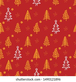 Seamless Christmas Tree Pattern in Red Background