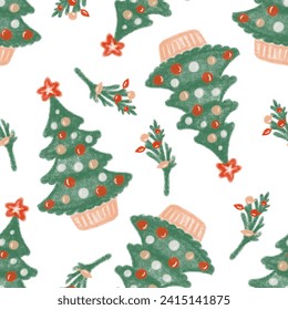 Seamless Christmas tree pattern retro style, hand drawn background