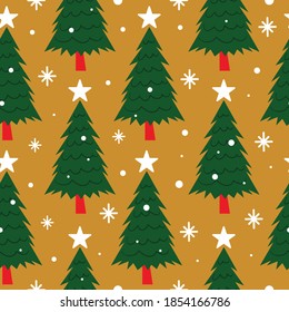 Seamless Christmas Tree Pattern with Star on Yellow Background
