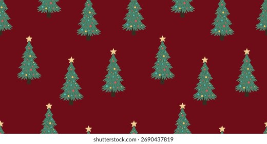 Nahtloses Weihnachtsbaummuster mit Sternen auf dunkelrotem Hintergrund