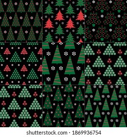 seamless Christmas tree patterns on black backgrounds
