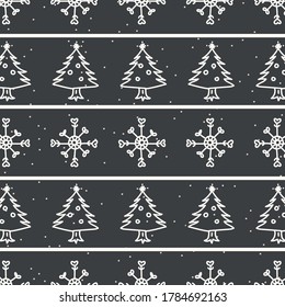 Seamless christmas tree with snow stripe holiday background. Fir sprig spruce monochrome pattern texture. Scandi festive christmas motif background. Stylish modern seasonal gift wrapping paper.